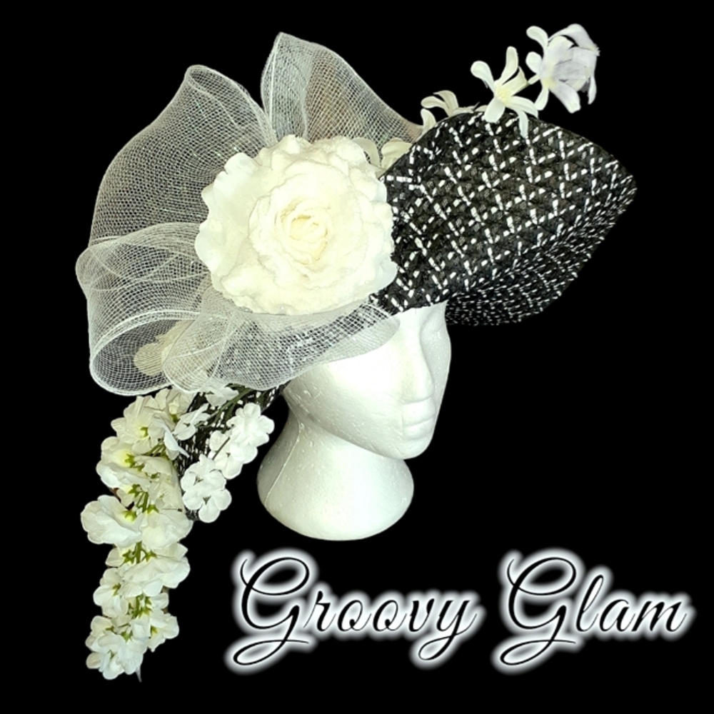 GROOVY GLAM Bespoke Handmade Original Floral Black and White Kentucky Derby Hat